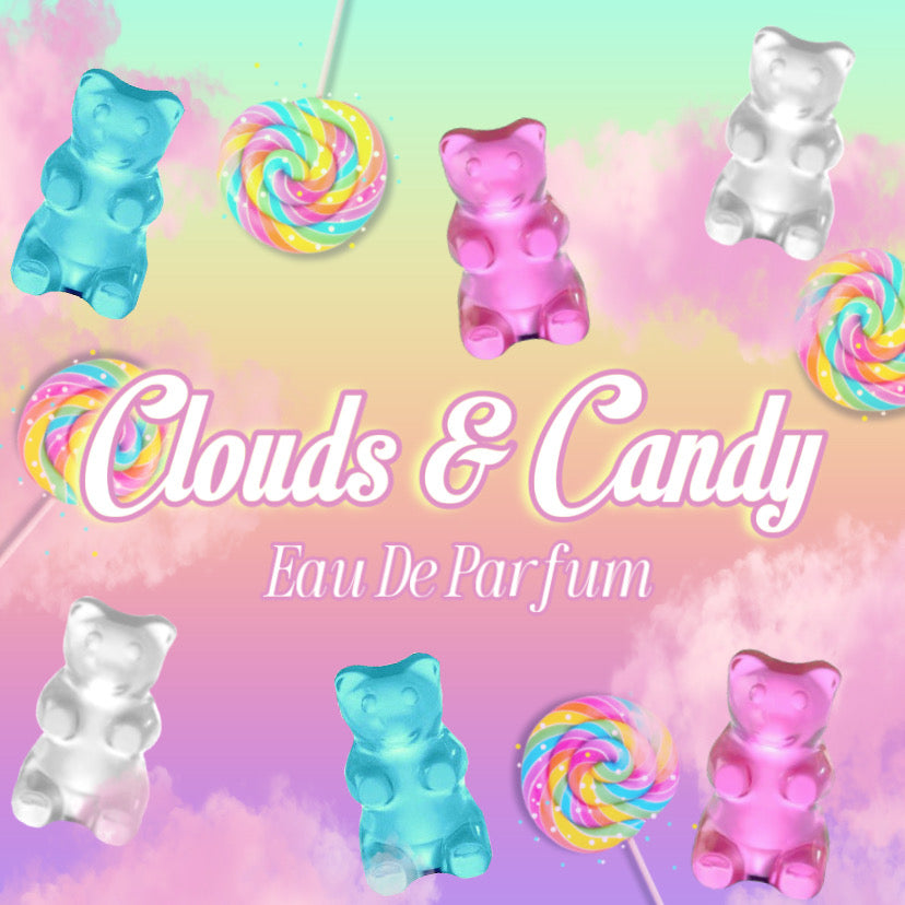 A colorful product image featuring gummy bear candies in various colors, with a rainbow-colored lollipop and the text 'Clouds & Candy Eau De Parfum' across the top.
